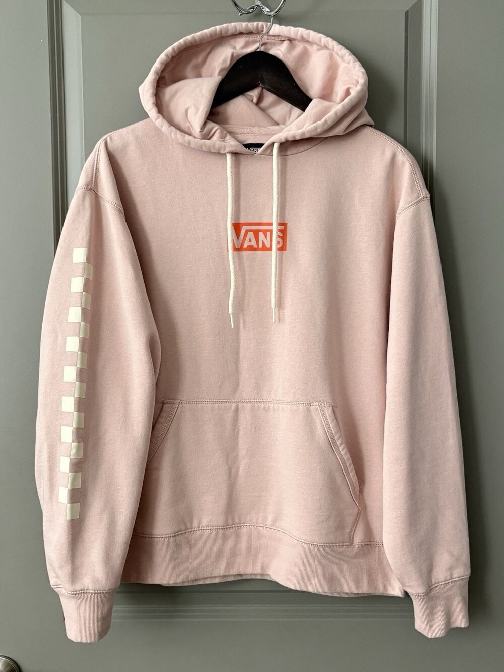 Vans Women’s Pink Hoodie L Pullover Front Logo Checkered Sleeve Kangaroo Pocket